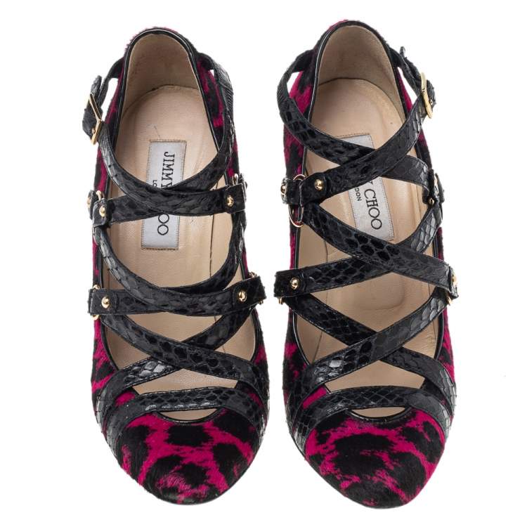 Pre Owned Jimmy Choo Black/Pink Print Pony Hair And Snake Skin Leather Jazz Strappy Pumps Size 37.5