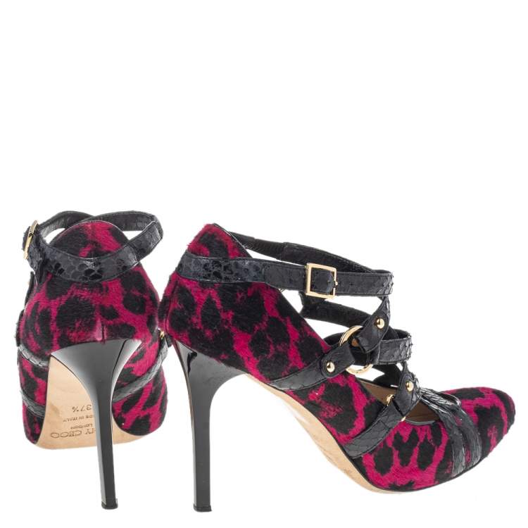 Pre Owned Jimmy Choo Black/Pink Print Pony Hair And Snake Skin Leather Jazz Strappy Pumps Size 37.5