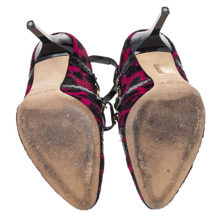Pre Owned Jimmy Choo Black/Pink Print Pony Hair And Snake Skin Leather Jazz Strappy Pumps Size 37.5