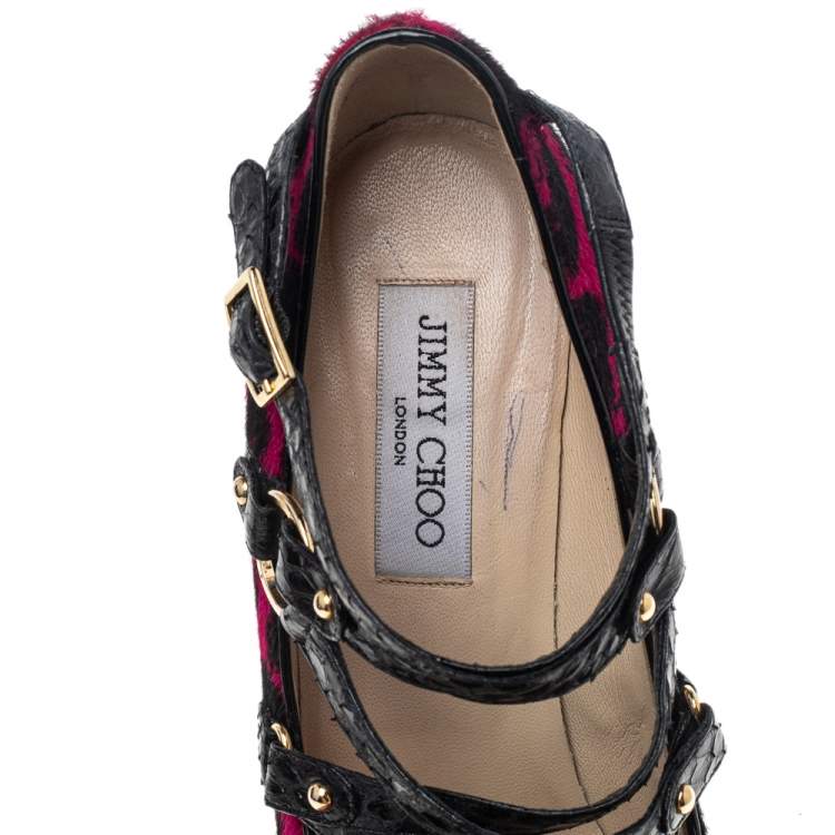 Pre Owned Jimmy Choo Black/Pink Print Pony Hair And Snake Skin Leather Jazz Strappy Pumps Size 37.5