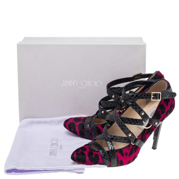 Pre Owned Jimmy Choo Black/Pink Print Pony Hair And Snake Skin Leather Jazz Strappy Pumps Size 37.5