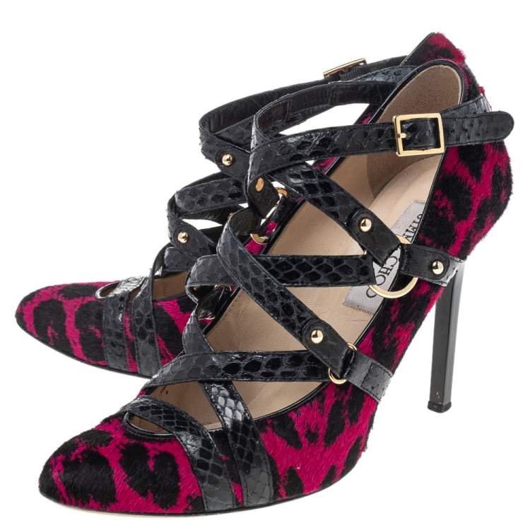 Pre Owned Jimmy Choo Black/Pink Print Pony Hair And Snake Skin Leather Jazz Strappy Pumps Size 37.5