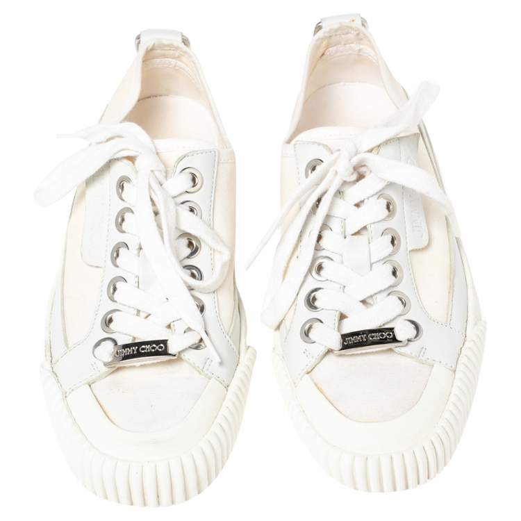 Pre Owned Jimmy Choo Cream Canvas Low Top Sneakers Size 36