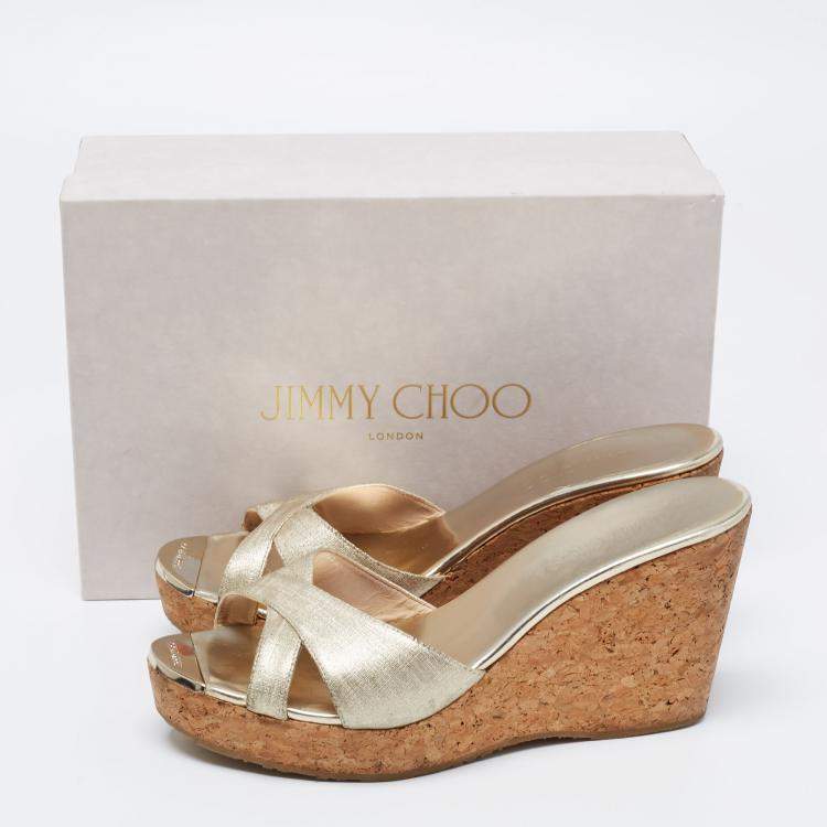 Pre Owned Jimmy Choo Gold Textured Leather Platform Wedge Slide Sandals Size 41.5