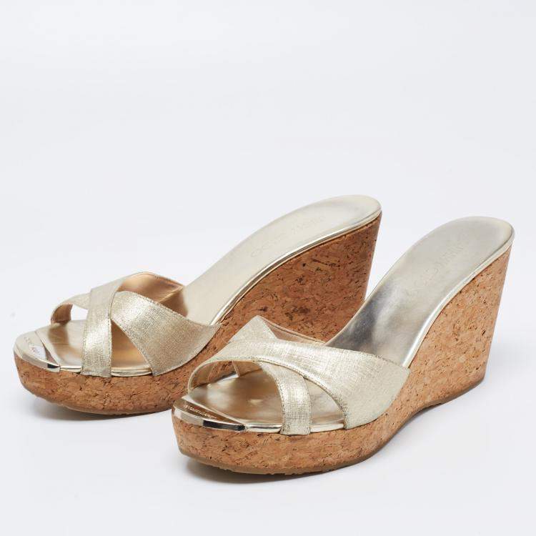 Pre Owned Jimmy Choo Gold Textured Leather Platform Wedge Slide Sandals Size 41.5