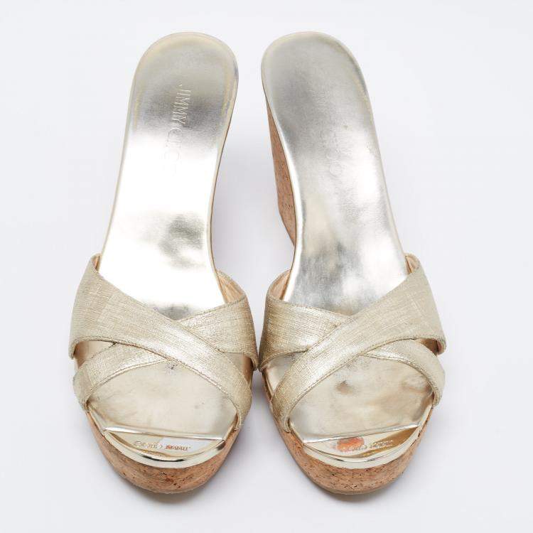 Pre Owned Jimmy Choo Gold Textured Leather Platform Wedge Slide Sandals Size 41.5
