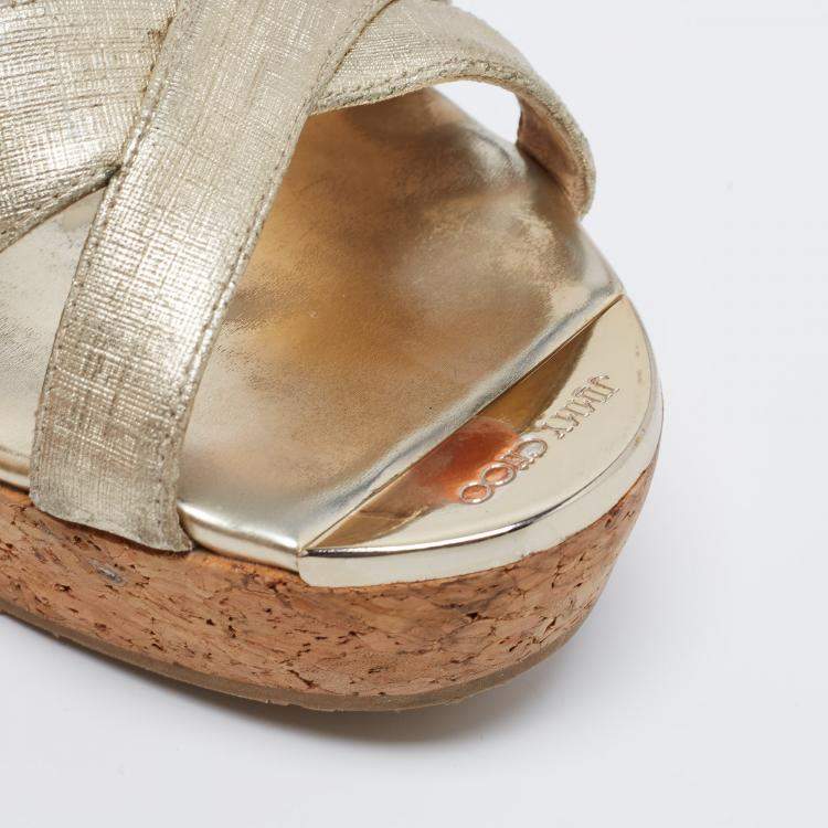 Pre Owned Jimmy Choo Gold Textured Leather Platform Wedge Slide Sandals Size 41.5