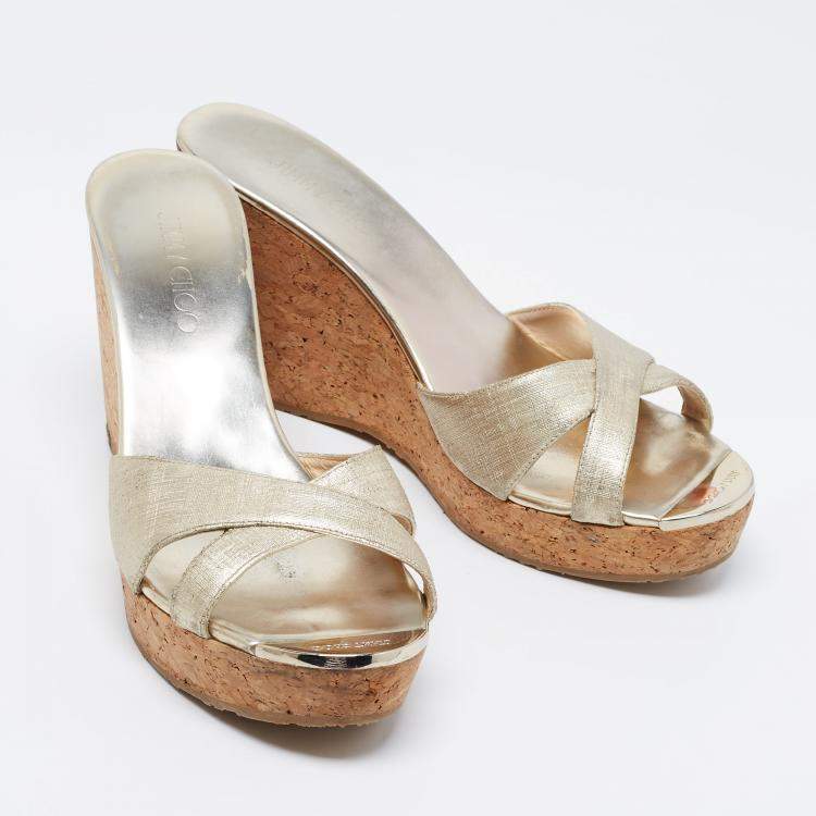 Pre Owned Jimmy Choo Gold Textured Leather Platform Wedge Slide Sandals Size 41.5