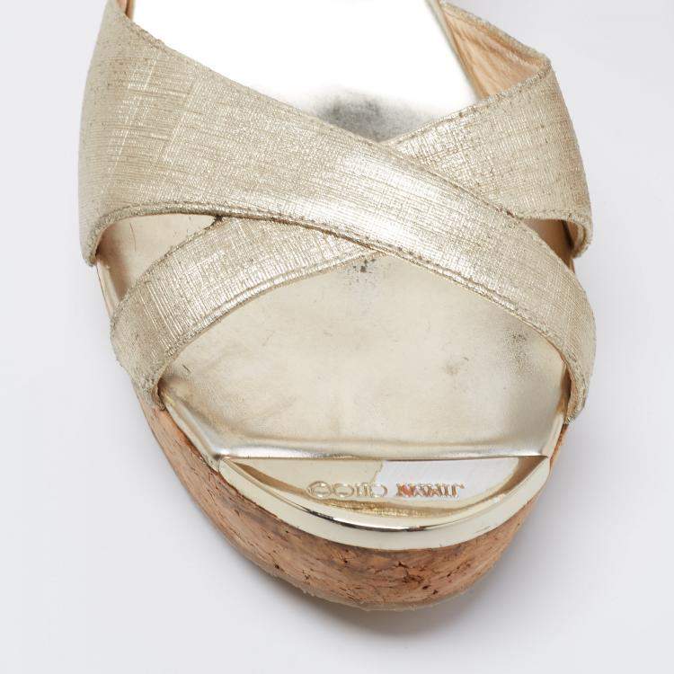 Pre Owned Jimmy Choo Gold Textured Leather Platform Wedge Slide Sandals Size 41.5