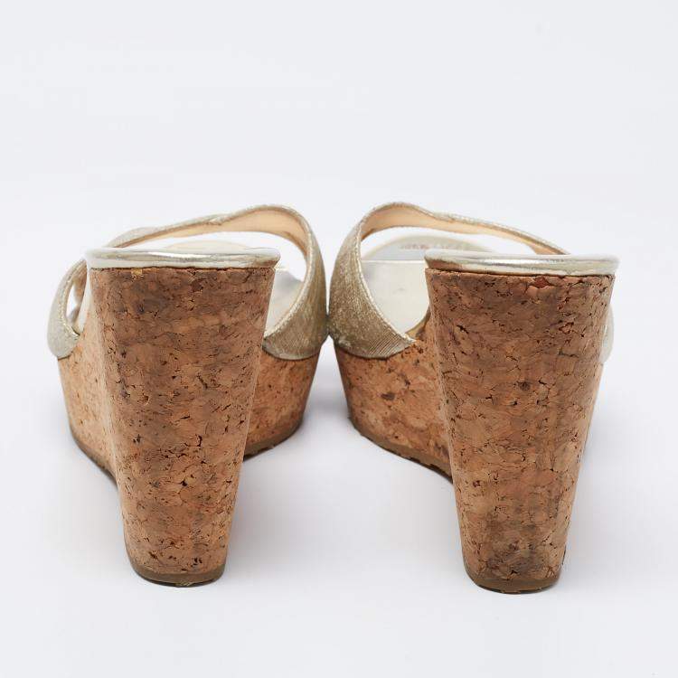 Pre Owned Jimmy Choo Gold Textured Leather Platform Wedge Slide Sandals Size 41.5