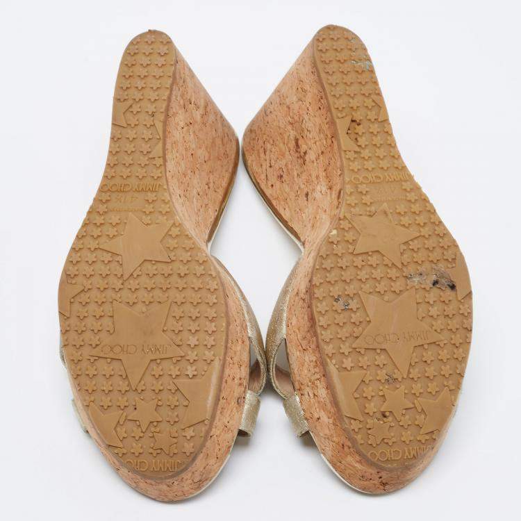 Pre Owned Jimmy Choo Gold Textured Leather Platform Wedge Slide Sandals Size 41.5