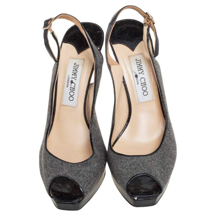 Pre Owned Jimmy Choo Grey Wool Blend Peep Toe Slingback Sandals Size 37