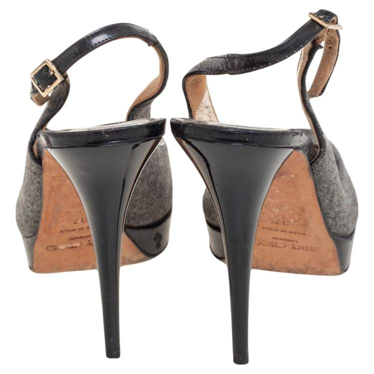 Pre Owned Jimmy Choo Grey Wool Blend Peep Toe Slingback Sandals Size 37