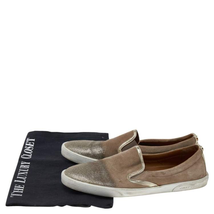 Pre Owned Jimmy Choo Gold Suede And Leather Slip on Sneakers Size 37