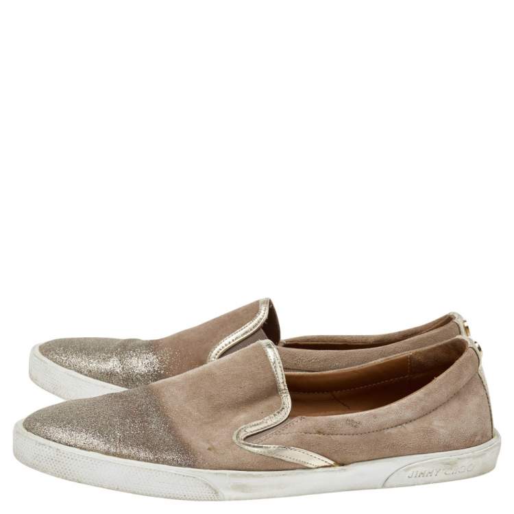 Pre Owned Jimmy Choo Gold Suede And Leather Slip on Sneakers Size 37