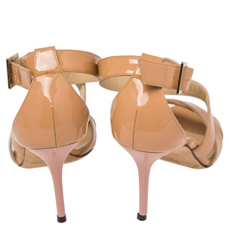 Pre Owned Jimmy Choo Beige  Patent Leather Vamp Strappy Sandals Size 36.5