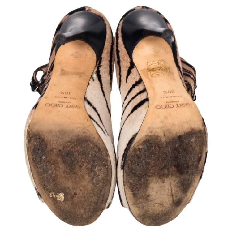 Pre Owned Jimmy Choo Black/Beige Calf Hair Zebra Print Lace Up Sandals Size 38.5