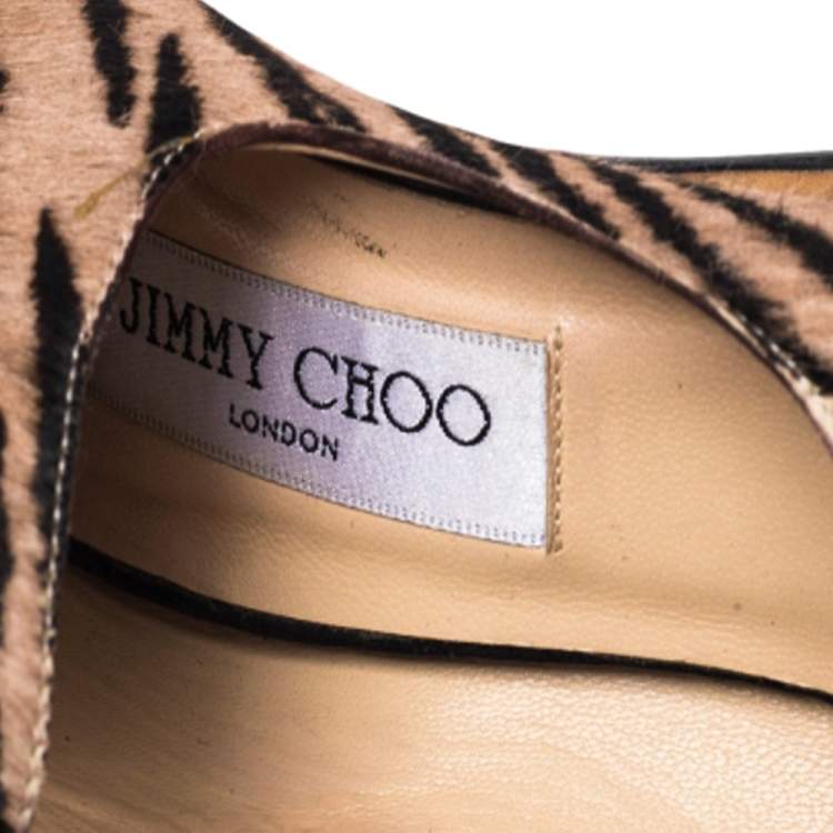 Pre Owned Jimmy Choo Black/Beige Calf Hair Zebra Print Lace Up Sandals Size 38.5