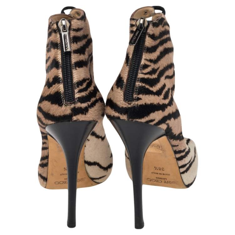 Pre Owned Jimmy Choo Black/Beige Calf Hair Zebra Print Lace Up Sandals Size 38.5