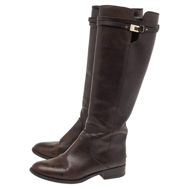 مملوكة مسبقًا Jimmy Choo Dark Brown Leather Knee Length Boots Size 37