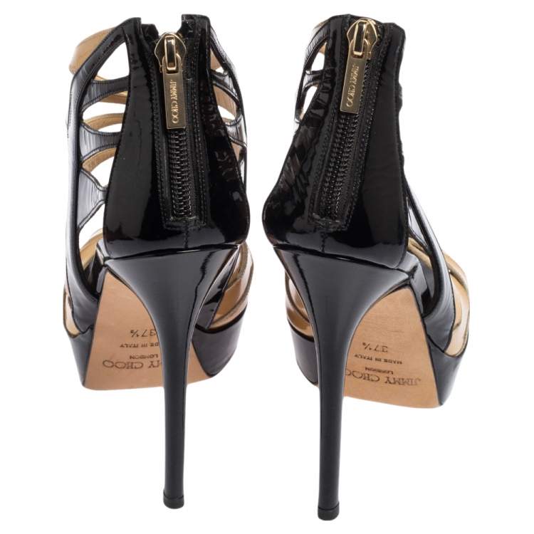 Pre Owned Jimmy choo Black/Yellow Patent Leather Cut Out Costa Sandals Size 37.5