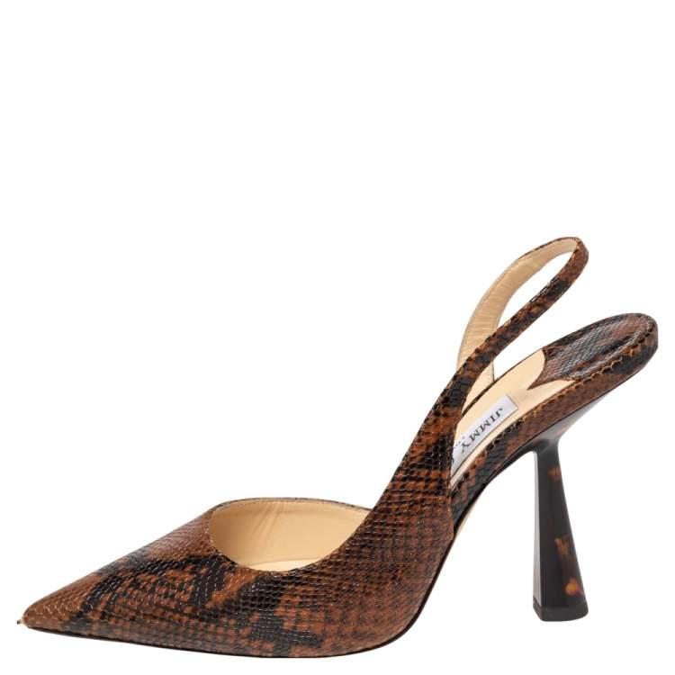 Pre Owned Jimmy Choo Brown Python Embossed Leather Pointed Toe Slingback Sandals Size 36