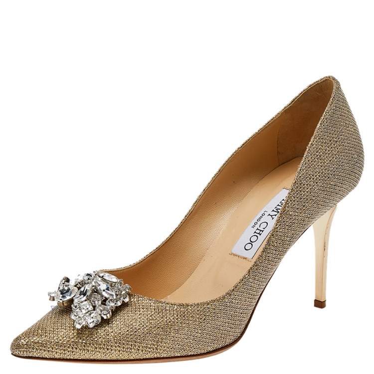 Jimmy Choo Gold Lame Fabric And Glitter Crystal Embellished Pumps Size