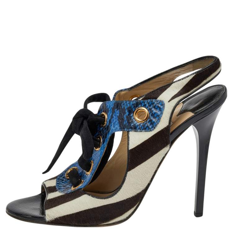 Pre Owned Jimmy Choo Multicolor Calf Hair And Python Leather Lace Up Sandals Size 40