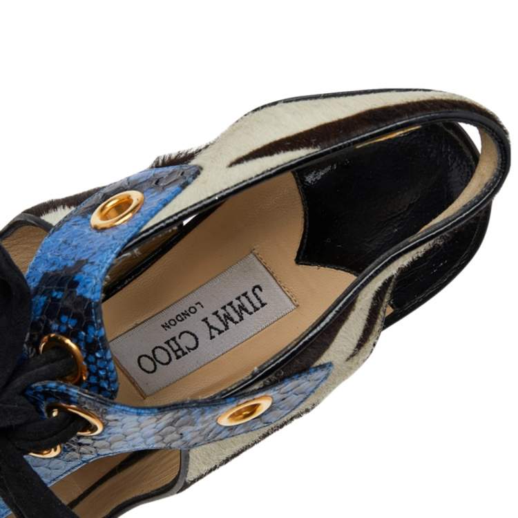 Pre Owned Jimmy Choo Multicolor Calf Hair And Python Leather Lace Up Sandals Size 40