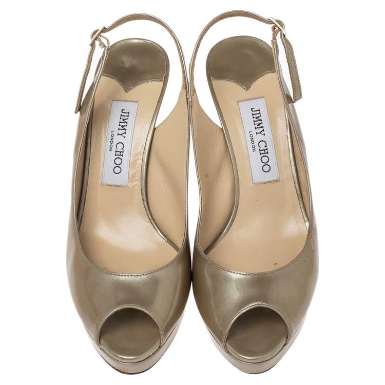 Pre Owned Jimmy Choo Olive Patent Leather Nova Slingback Sandals Size 38.5