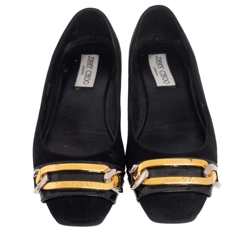 مملوكة مسبقًا Jimmy Choo Black Suede Morse Buckle Ballet Flats Size 37