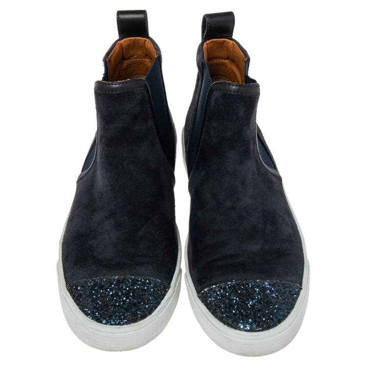 Pre Owned Jimmy Choo Navy Blue Suede And Glitter High Top Sneakers Size 38