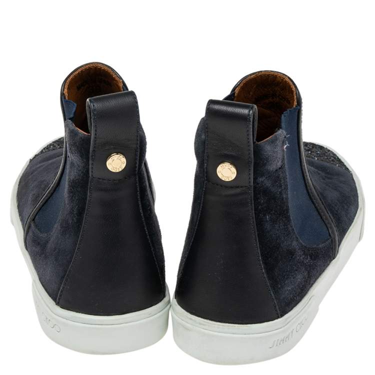 Pre Owned Jimmy Choo Navy Blue Suede And Glitter High Top Sneakers Size 38