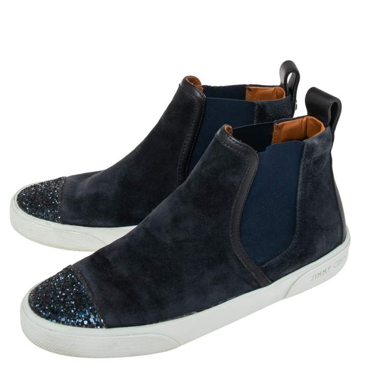 Pre Owned Jimmy Choo Navy Blue Suede And Glitter High Top Sneakers Size 38