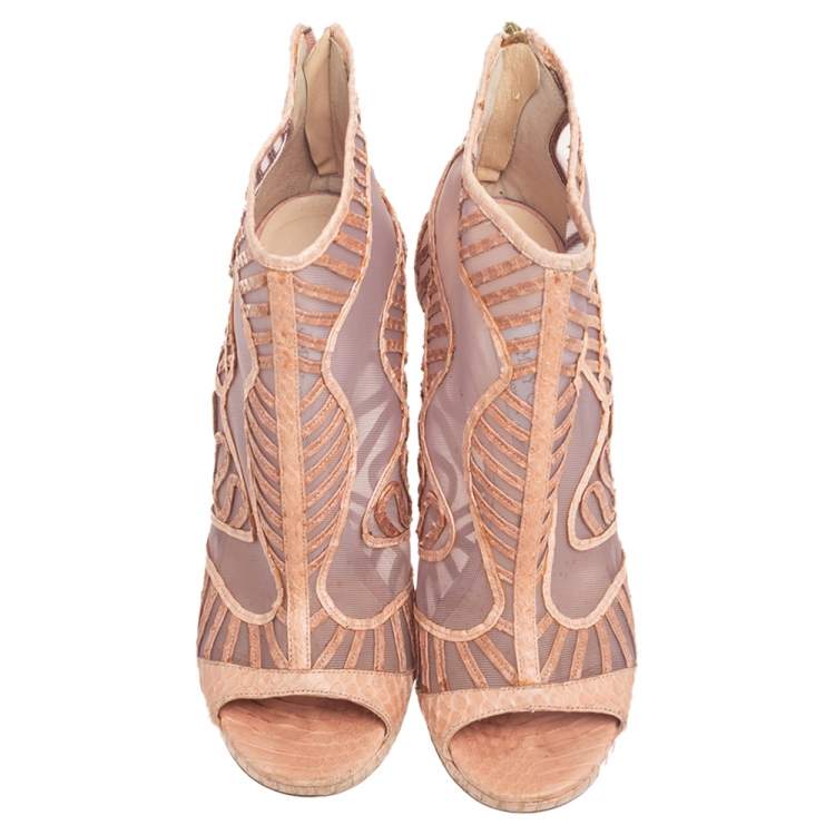 Pre Owned Jimmy Choo Beige Python Embossed Leather And Mesh Ankle Boots Size 41