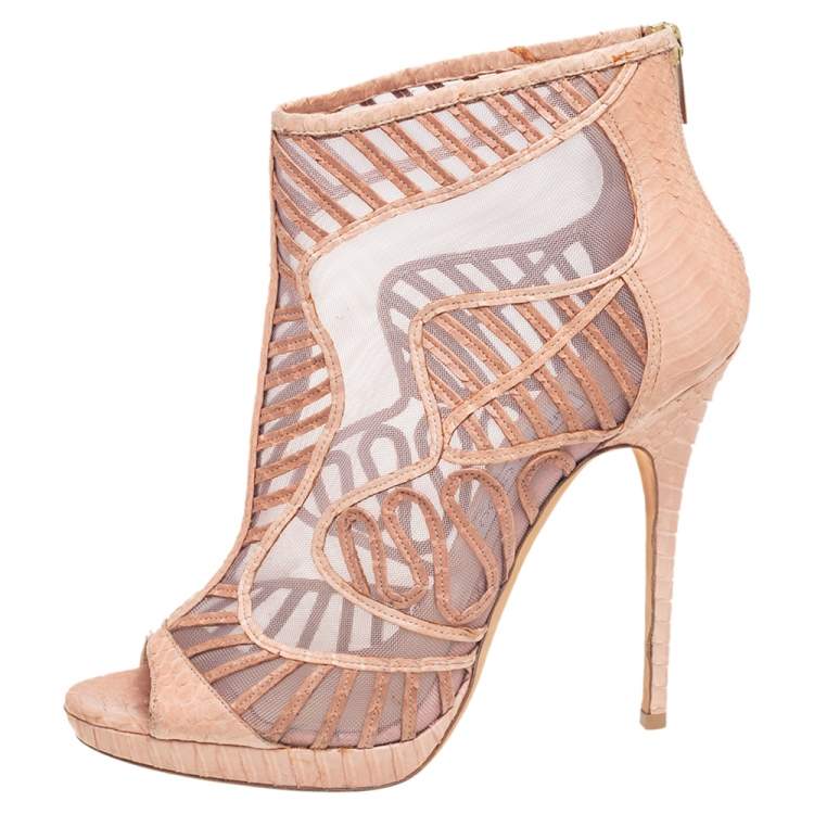 Pre Owned Jimmy Choo Beige Python Embossed Leather And Mesh Ankle Boots Size 41