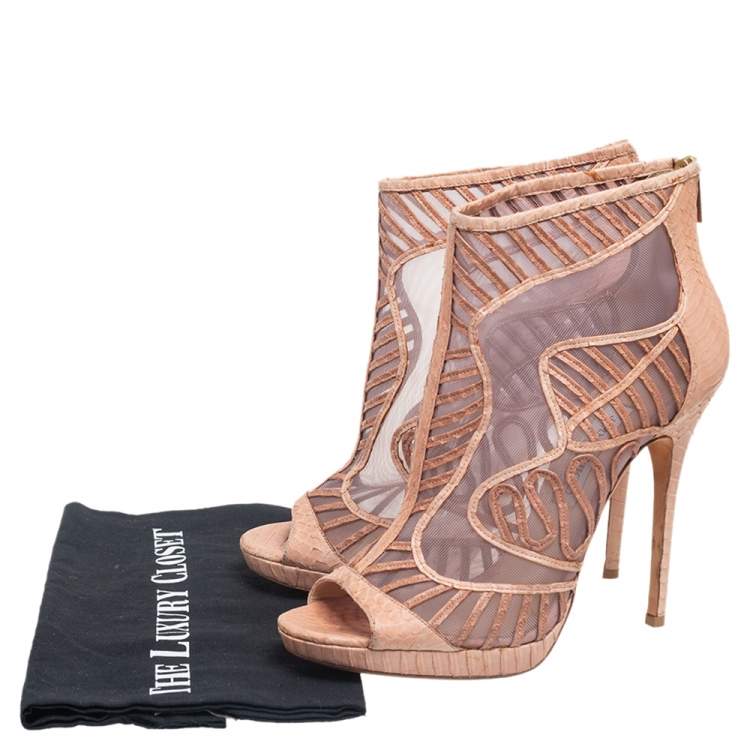 Pre Owned Jimmy Choo Beige Python Embossed Leather And Mesh Ankle Boots Size 41