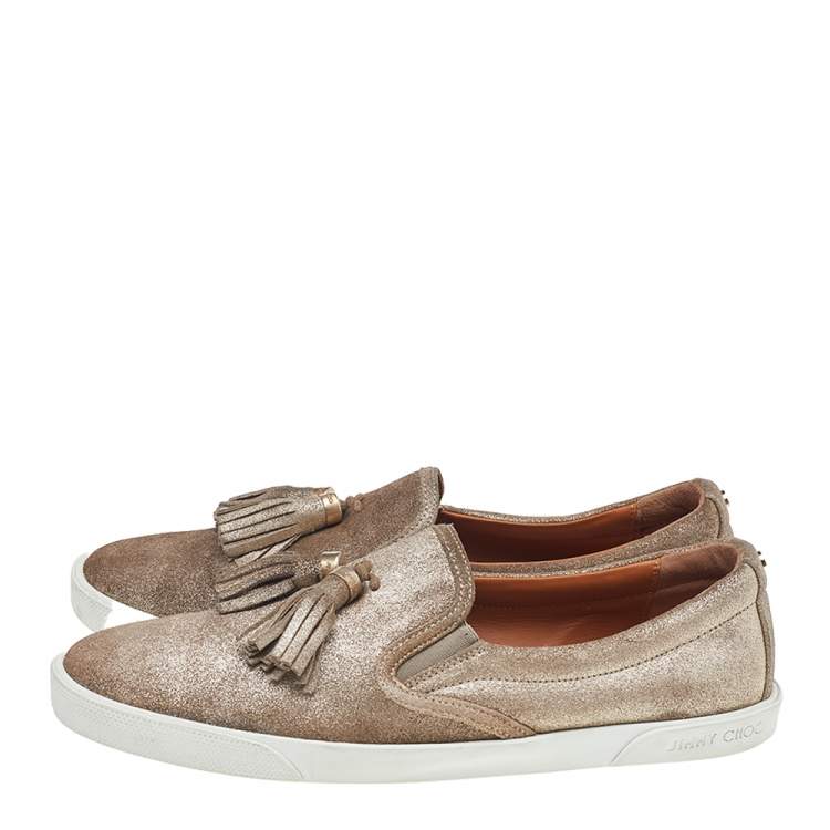 مملوكة مسبقًا Jimmy Choo Metallic Gold Suede Dale Fringes Tassels Slip on Sneakers size 40  