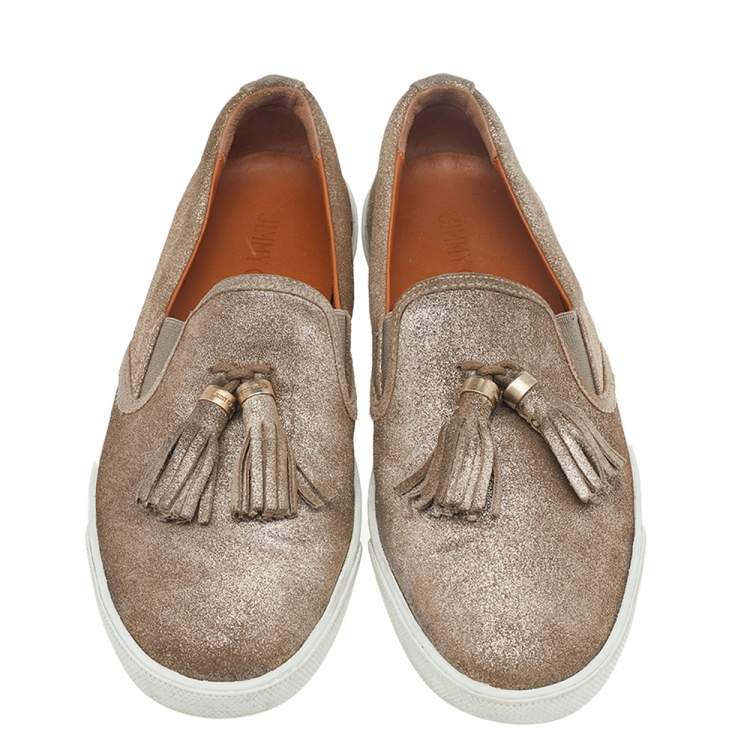 مملوكة مسبقًا Jimmy Choo Metallic Gold Suede Dale Fringes Tassels Slip on Sneakers size 40  