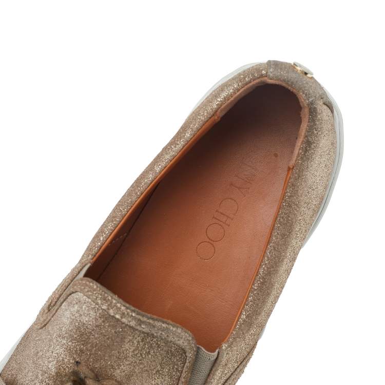 مملوكة مسبقًا Jimmy Choo Metallic Gold Suede Dale Fringes Tassels Slip on Sneakers size 40  