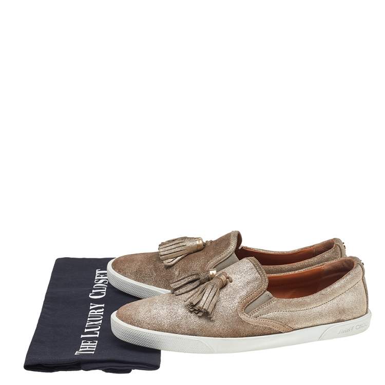 مملوكة مسبقًا Jimmy Choo Metallic Gold Suede Dale Fringes Tassels Slip on Sneakers size 40  