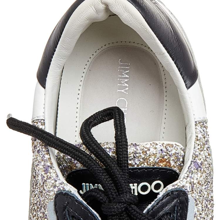 Pre Owned Jimmy Choo White/Silver Leather And Glitter Raine Low Top Sneakers Size 40