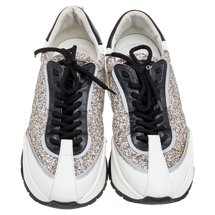 Pre Owned Jimmy Choo White/Silver Leather And Glitter Raine Low Top Sneakers Size 40