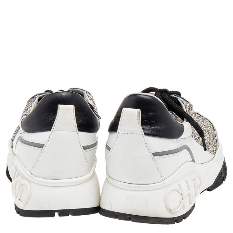 Pre Owned Jimmy Choo White/Silver Leather And Glitter Raine Low Top Sneakers Size 40