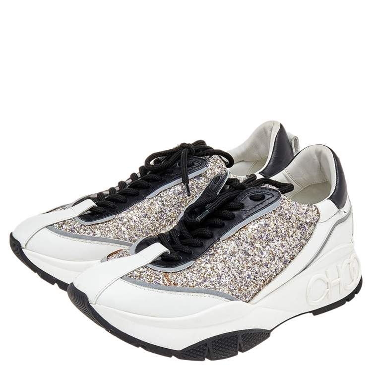 Pre Owned Jimmy Choo White/Silver Leather And Glitter Raine Low Top Sneakers Size 40