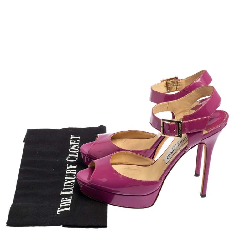 Pre Owned Jimmy Choo Purple Patent Leather Linda Ankle Strap Platform Sandals Size 39.5