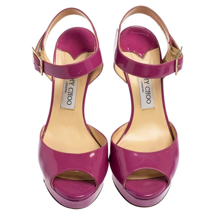 Pre Owned Jimmy Choo Purple Patent Leather Linda Ankle Strap Platform Sandals Size 39.5