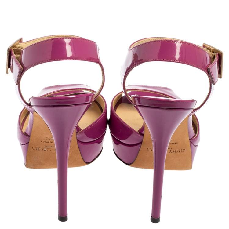 Pre Owned Jimmy Choo Purple Patent Leather Linda Ankle Strap Platform Sandals Size 39.5