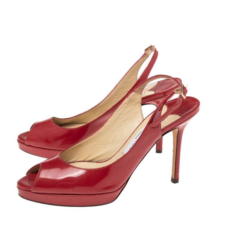 Pre Owned Jimmy Choo Red Patent Leather Nova Peep Toe Slingback Sandals Size 36.5
