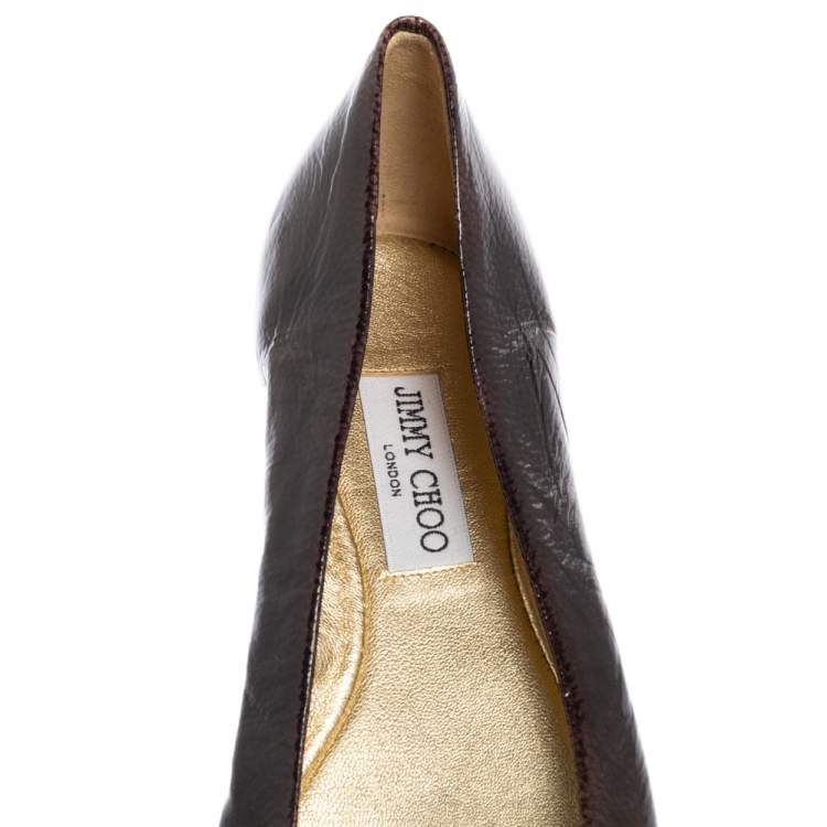 Pre Owned Jimmy Choo Dark Brown Patent Leather Morse Buckle Ballet Flats Size 39